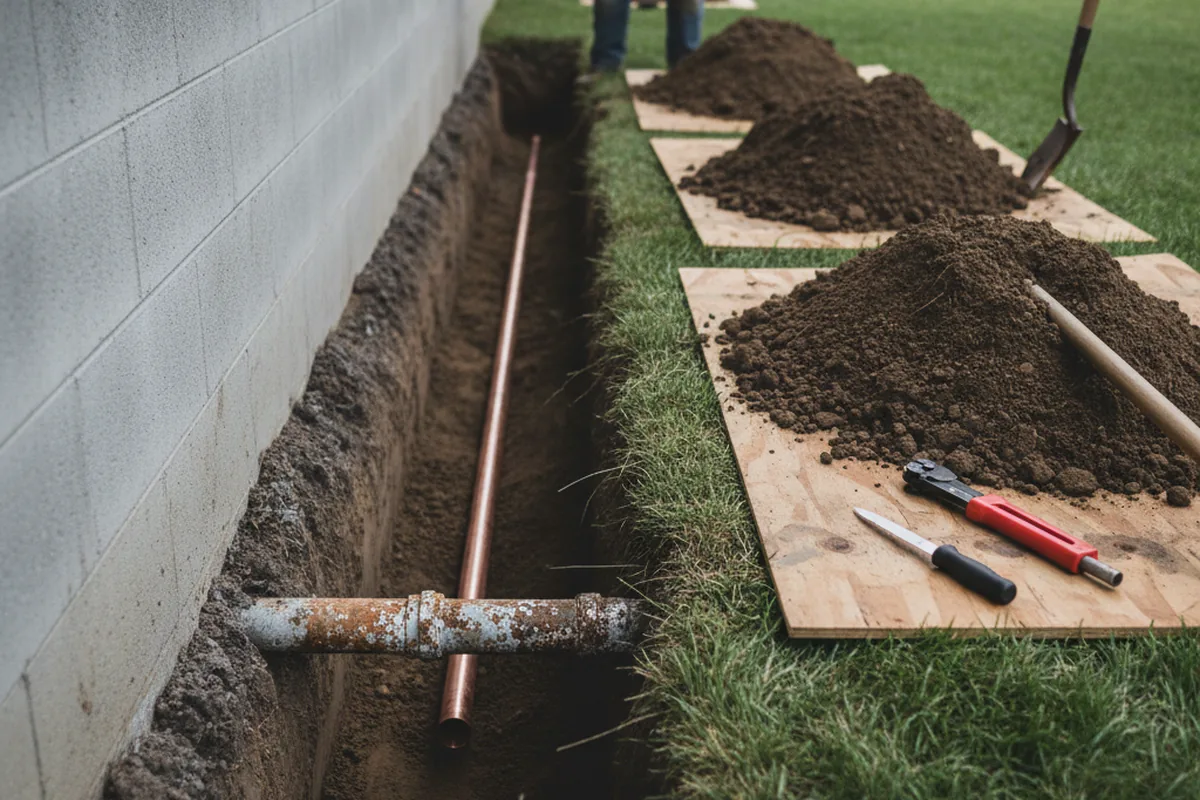 Excavated water line trench during Sewer Line Repair in Hampstead